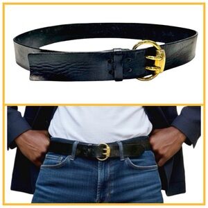 Bijan Men’s Black Leather Belt with Gold Buckle. 48”